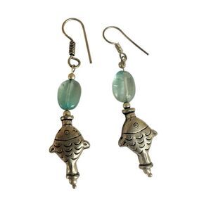 Aqua  Bead & Silver-Tone Fish Dangle Earrings